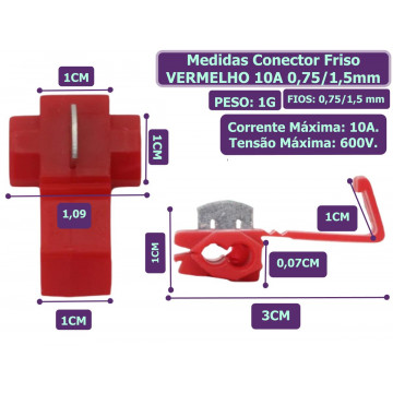 MEDIDAS -Conector Friso VERMELHO 10A 0,75/1,5mm - MULTOPCOES