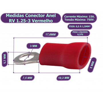 MEDIDAS - Conector Anel Olhal Anilha Vermelho RV 1.25-3 Terminal Isolado 0.5x1.5MM 15A - MULTOPCOES  MULTOPÇÕES